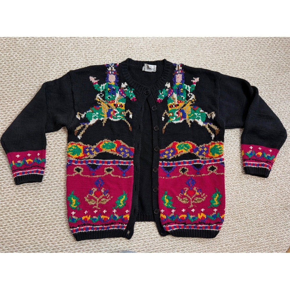 Christmas Nutcracker Rocking Horse Cardigan Sweater Vintage Cottagecore Holiday